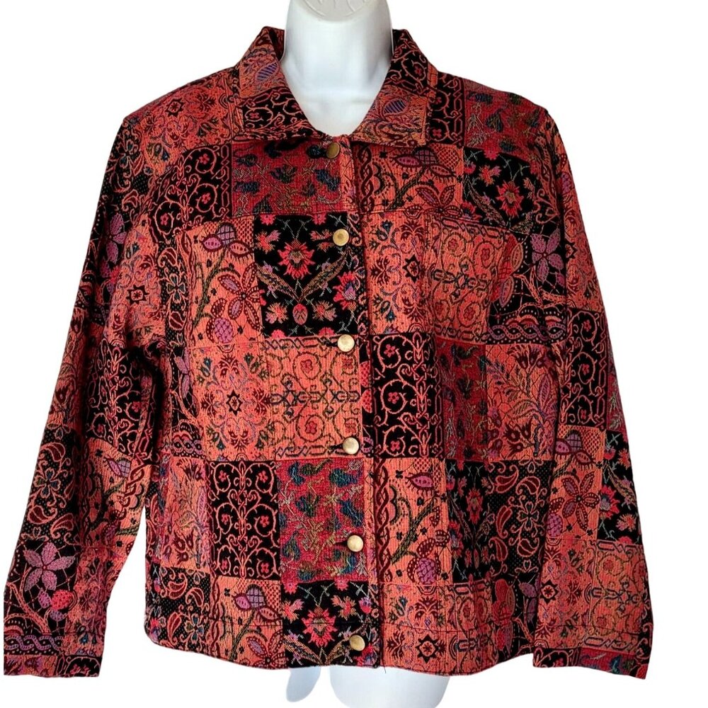 Stonebridge Signature Womens Tapestry Patchwork Jacket L Button Collared Long Sl